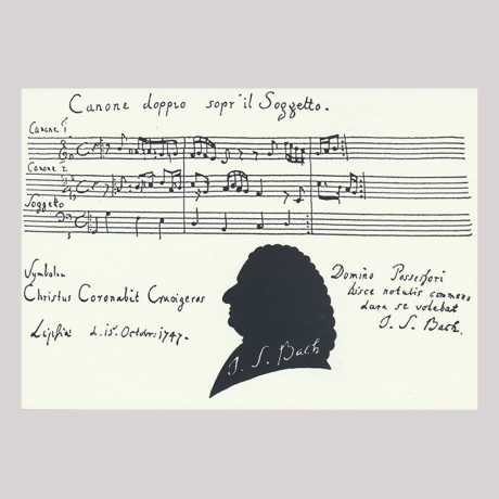 
        Front of silhouette, with man looking left, in the background musical stave, with the signature of the subject of the silhouette.